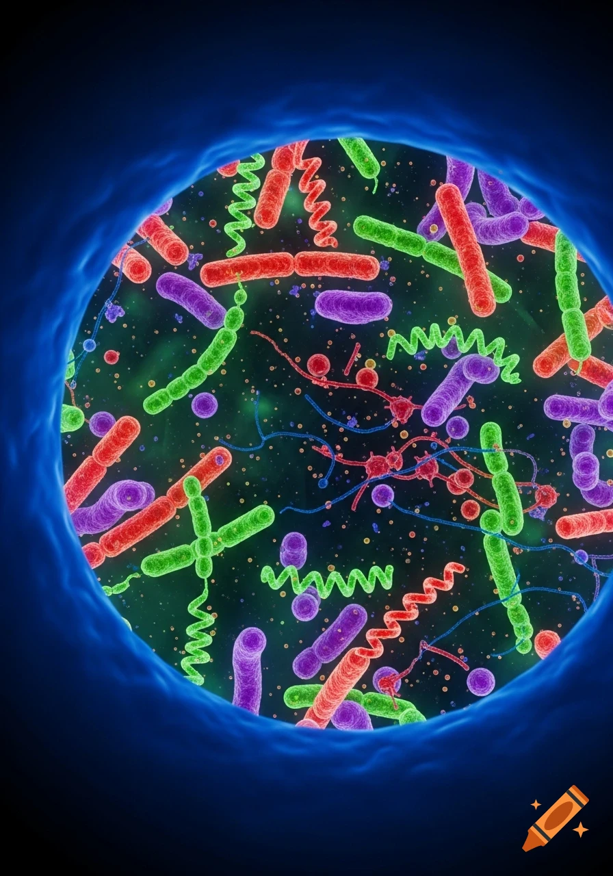 A microscopic view of colorful bacteria in various rod, spherical, and spiral shapes against a dark, glowing background, framed by a blue border.