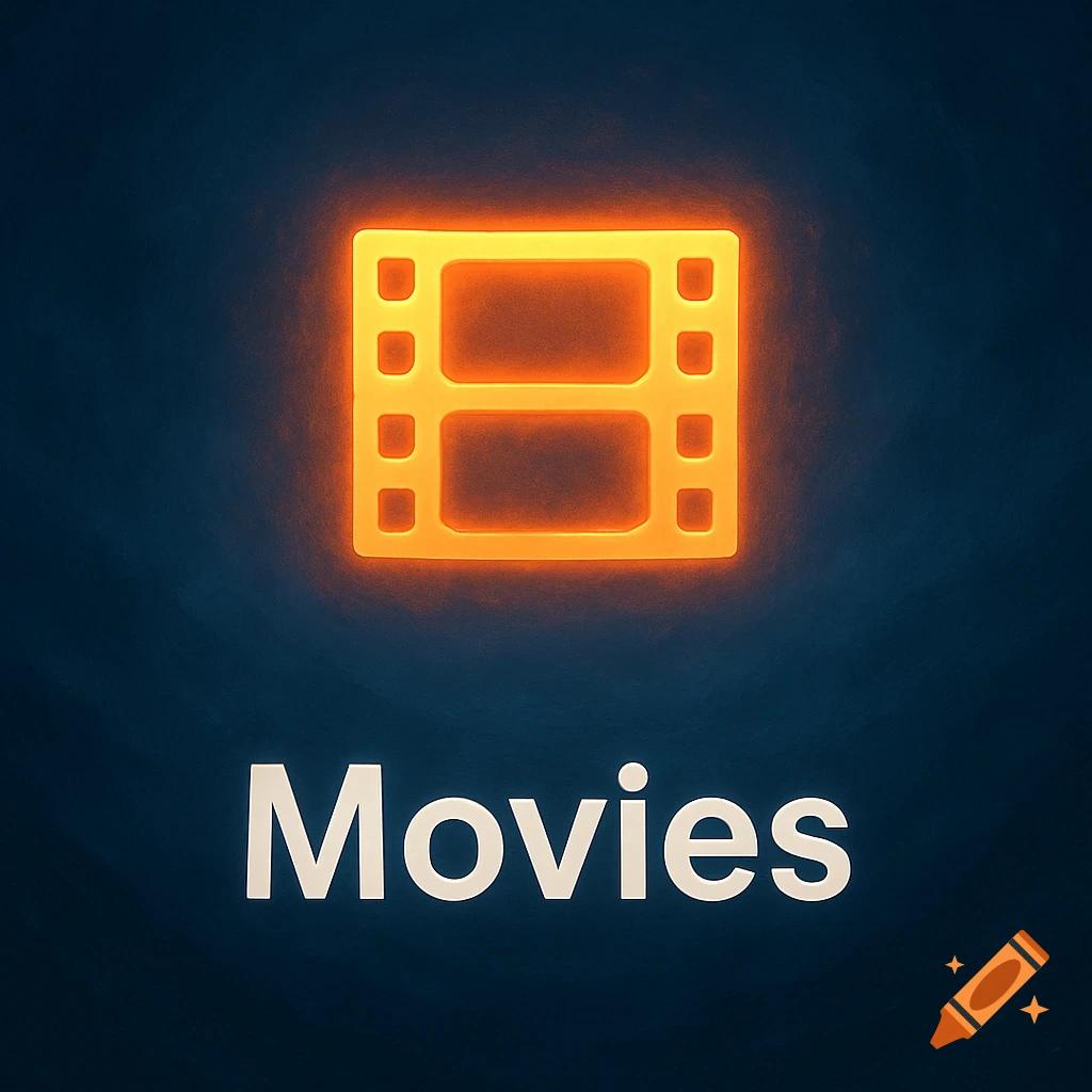 A glowing orange film strip icon above the word 'Movies' on a dark blue background, in a minimalist digital art style.