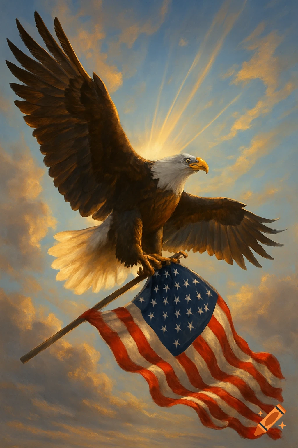 A majestic bald eagle flies, clutching an American flag, against a radiant, cloudy sky with sun rays, in an artistic style.