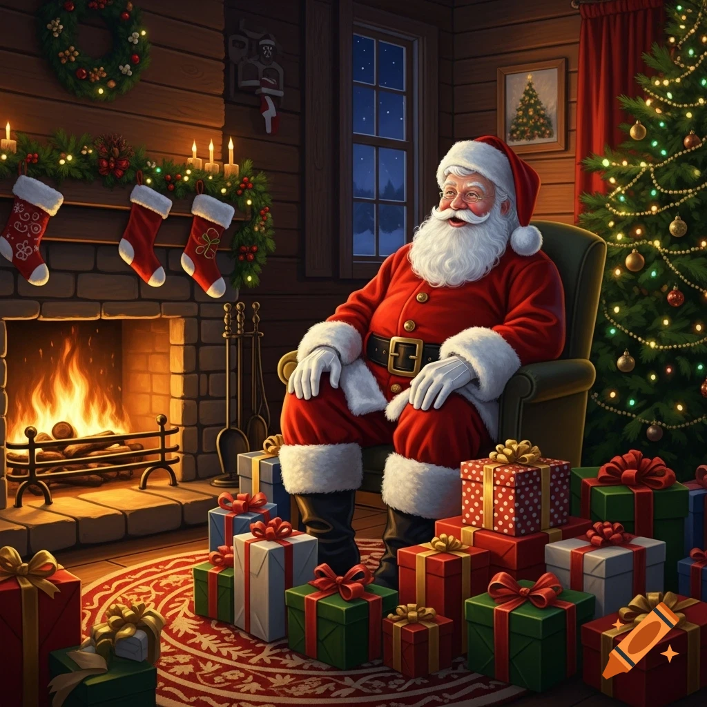 Santa Claus sits in an armchair by a roaring fireplace, surrounded by many wrapped Christmas presents and a decorated tree.