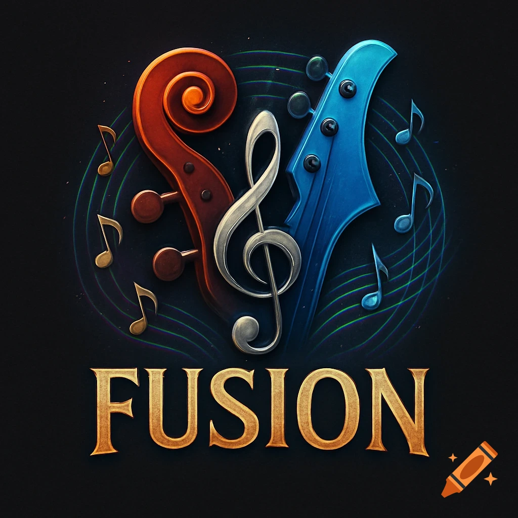 A logo with a red violin scroll and a blue bass guitar headstock intertwined with a silver treble clef and music notes, above the golden word "FUSION" on a dark background.