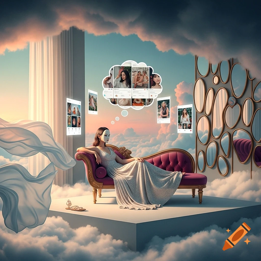A woman in a white dress with a mask sits on a pink chaise lounge on a cloud platform, surrounded by floating social media posts in a surreal, dreamy sky.