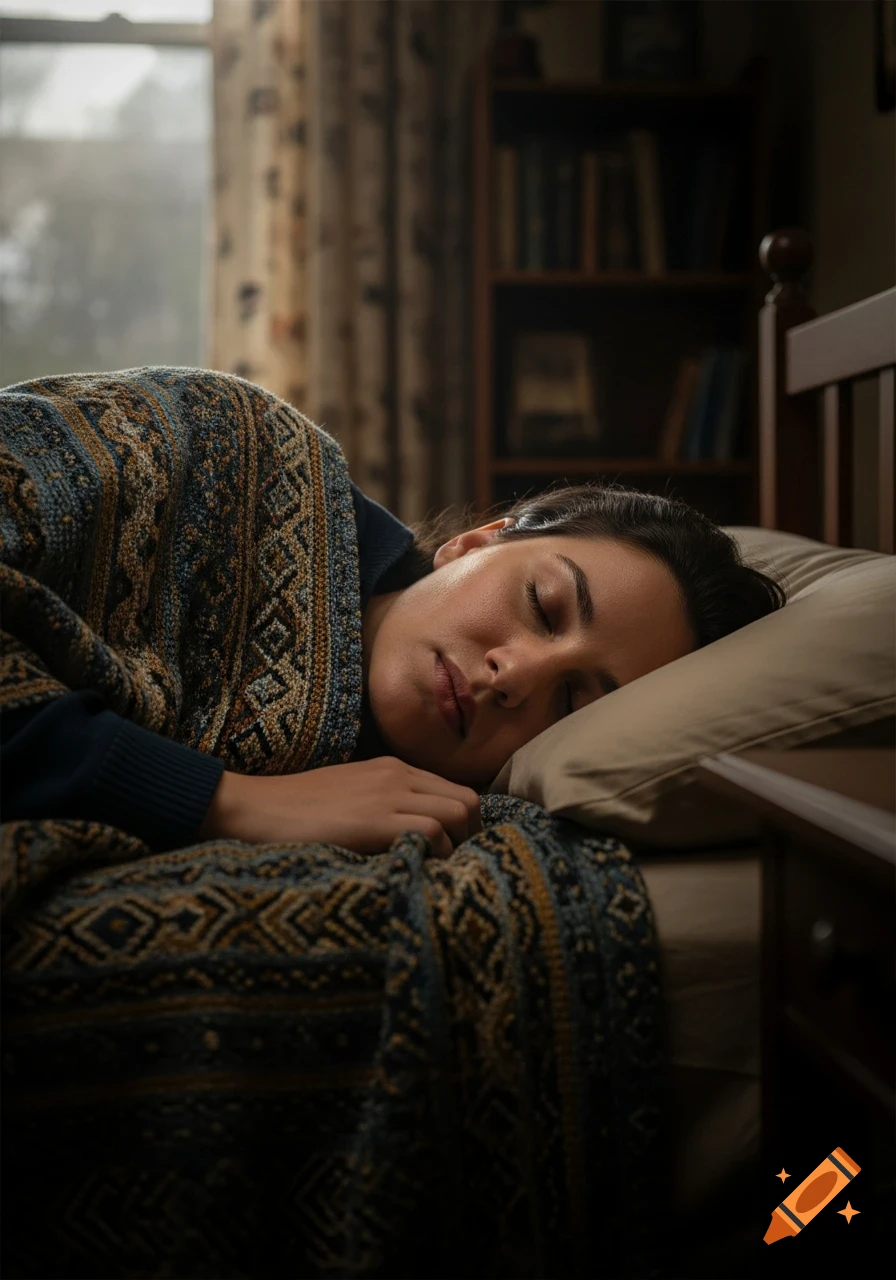 A person sleeps soundly under a patterned blanket in a dimly lit room, photorealistic.