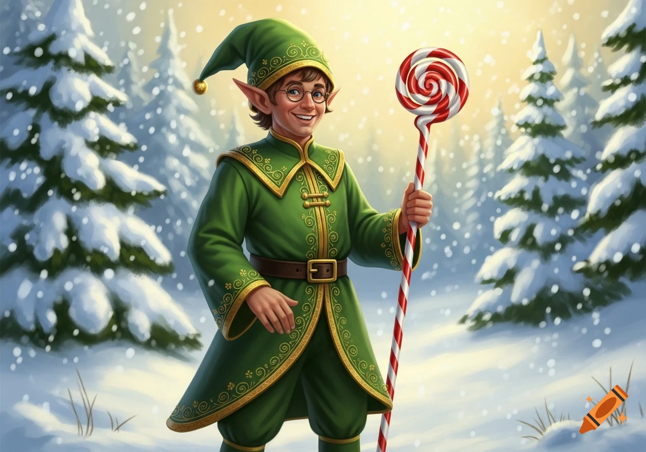 A smiling male Christmas elf in green robes holds a candy cane staff in ...