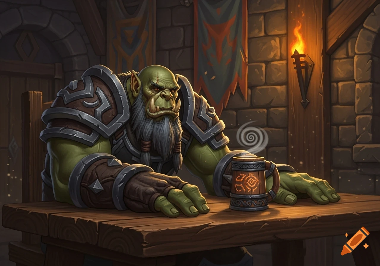 A tired, bearded orc in armor sits at a wooden table with a steaming mug in a World of Warcraft style tavern.