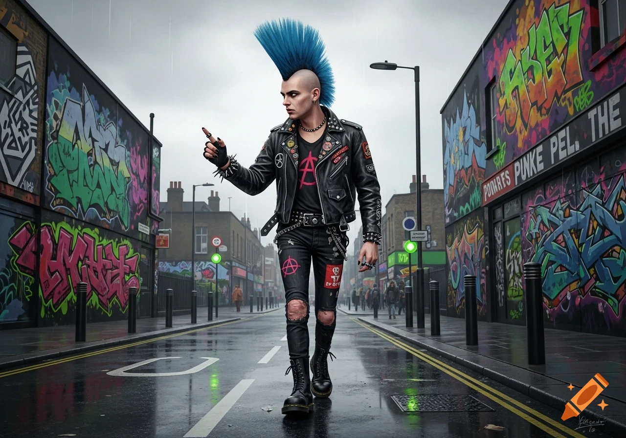 A punk man with a bright blue mohawk, leather jacket, and ripped jeans walks down a rainy city street lined with graffiti-covered buildings, looking ahead and pointing to the left.
