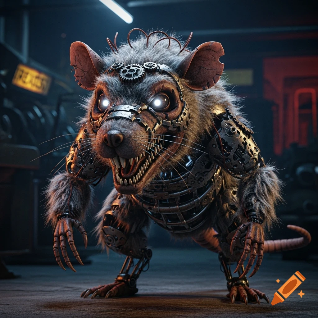 A menacing animatronic rat with glowing eyes, sharp teeth, and mechanical parts stands in a dark industrial setting.