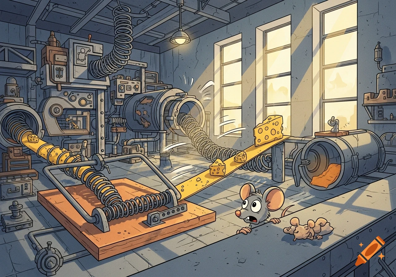 A cartoon mouse watches large pieces of cheese on a conveyor belt leading to an elaborate mousetrap machine in a workshop.