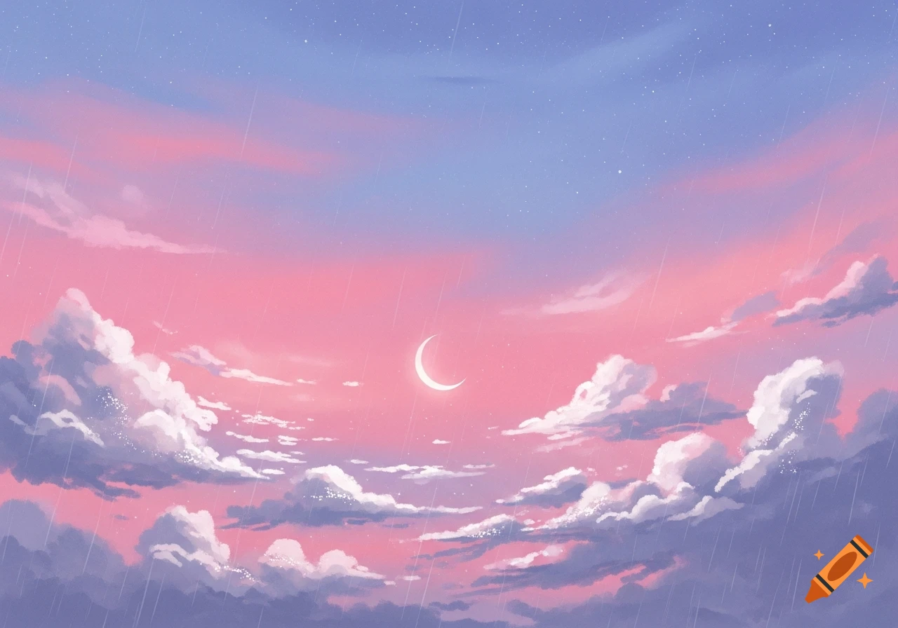 A pastel pink and purple sky filled with white and light gray clouds, showing a glowing crescent moon and faint stars, with light rain falling.