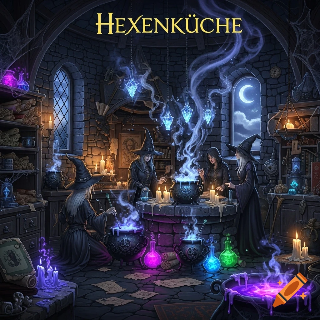 Four witches brew colorful potions in a detailed, dimly lit fantasy kitchen with glowing crystals and a moonlit window, and the text "Hexenküche" at the top.