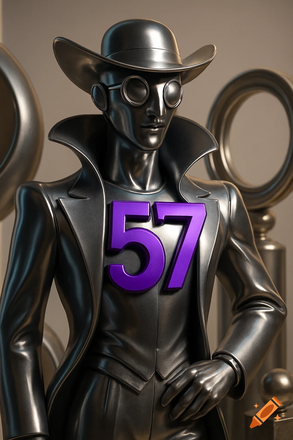 A metallic figurine of a character wearing a cowboy hat, circular glasses, and a trench coat, with a large purple "57" on its chest.