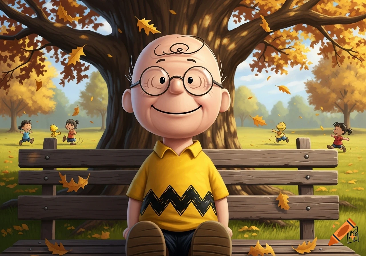 An aged Charlie Brown sits on a park bench, smiling, as Snoopy and other children play among falling autumn leaves in the background.