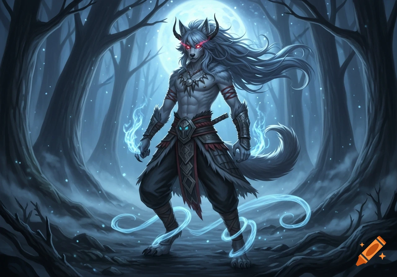 A muscular white-furred wolf demon with glowing red eyes and blue magic stands in a dark forest under a full moon. Fantasy art style.