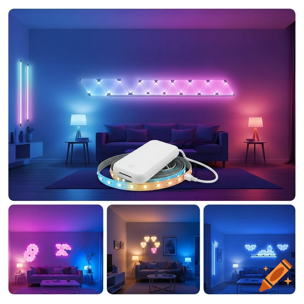 A white control box and colorful LED strip in the foreground, with a modern living room illuminated by smart LED wall panels and lights in varying colors.