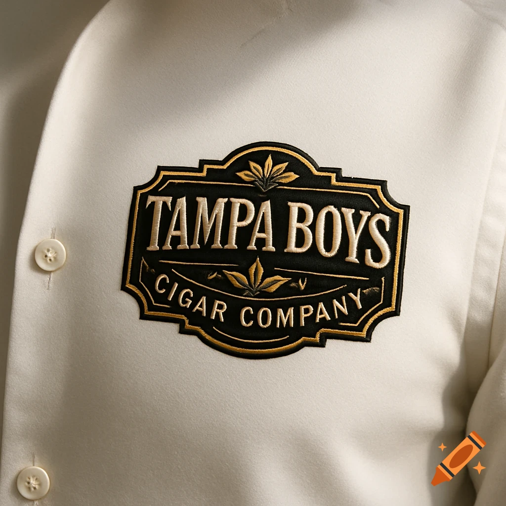 Close-up of an elegant black and gold embroidered "Tampa Boys Cigar Company" logo on a white dress shirt.