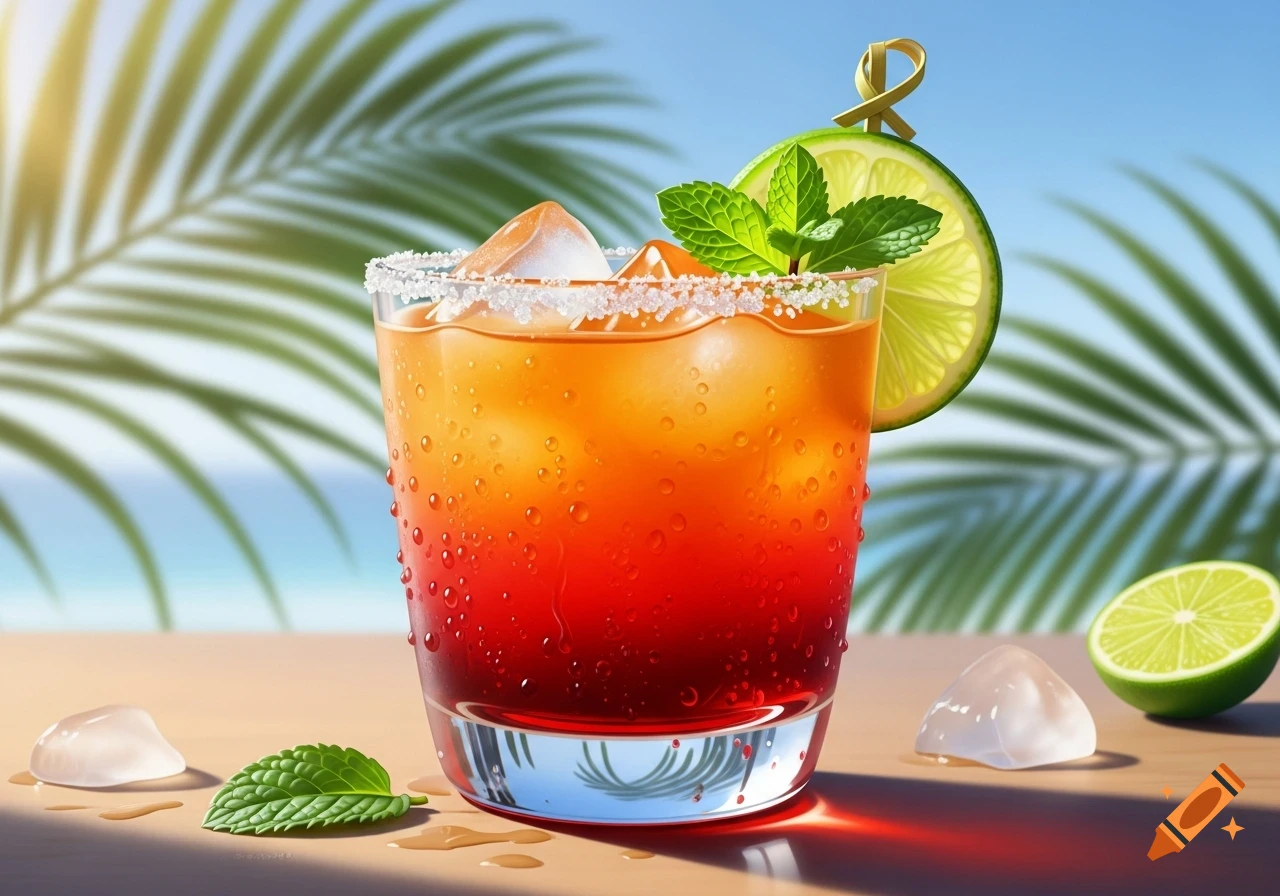 A vibrant orange and red cocktail in a glass with a sugar rim, garnished with lime and mint, set against a blurred tropical beach background.