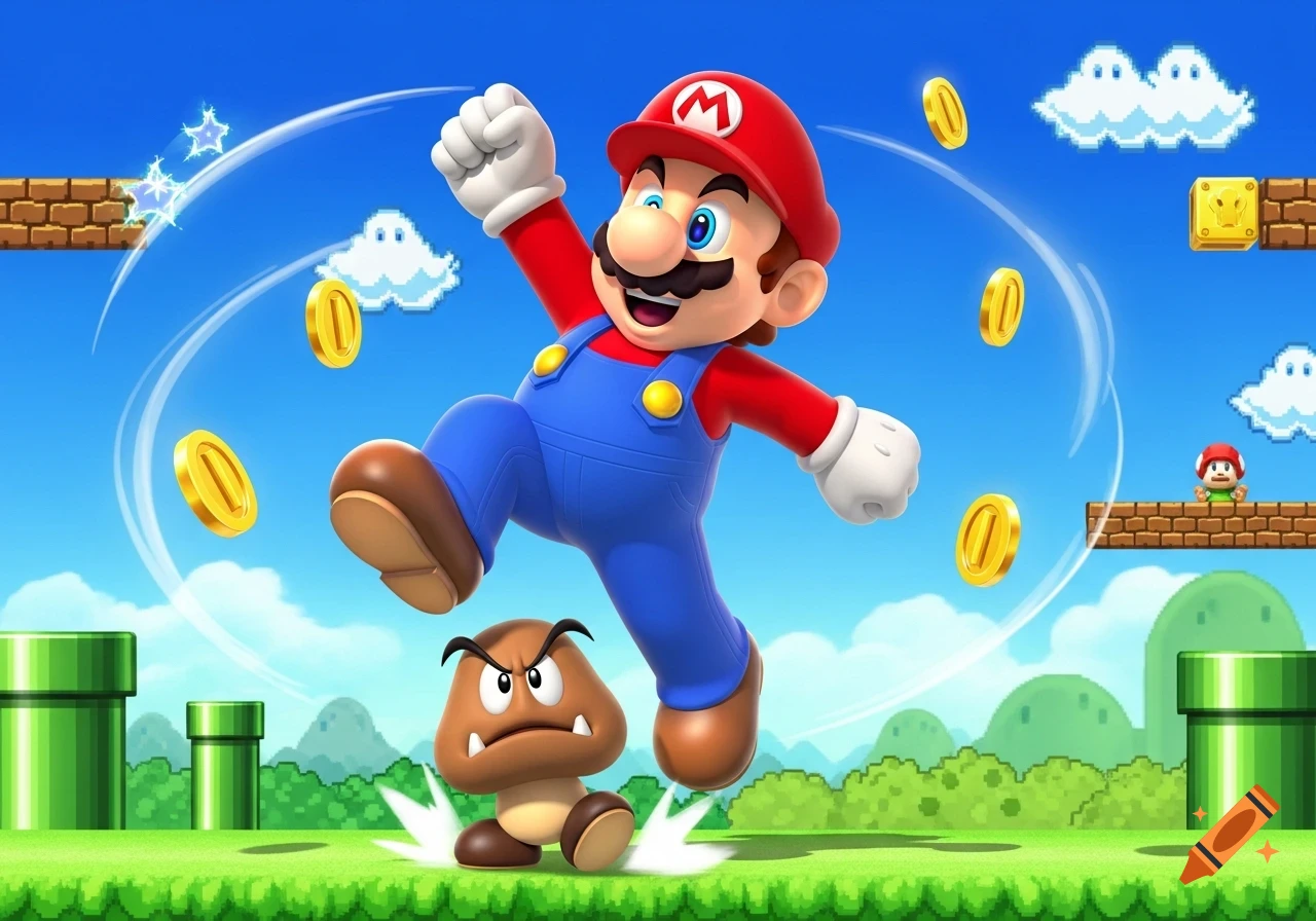 Mario jumps with a raised fist, about to stomp a Goomba, in a colorful Super Mario video game scene with coins and blocks.