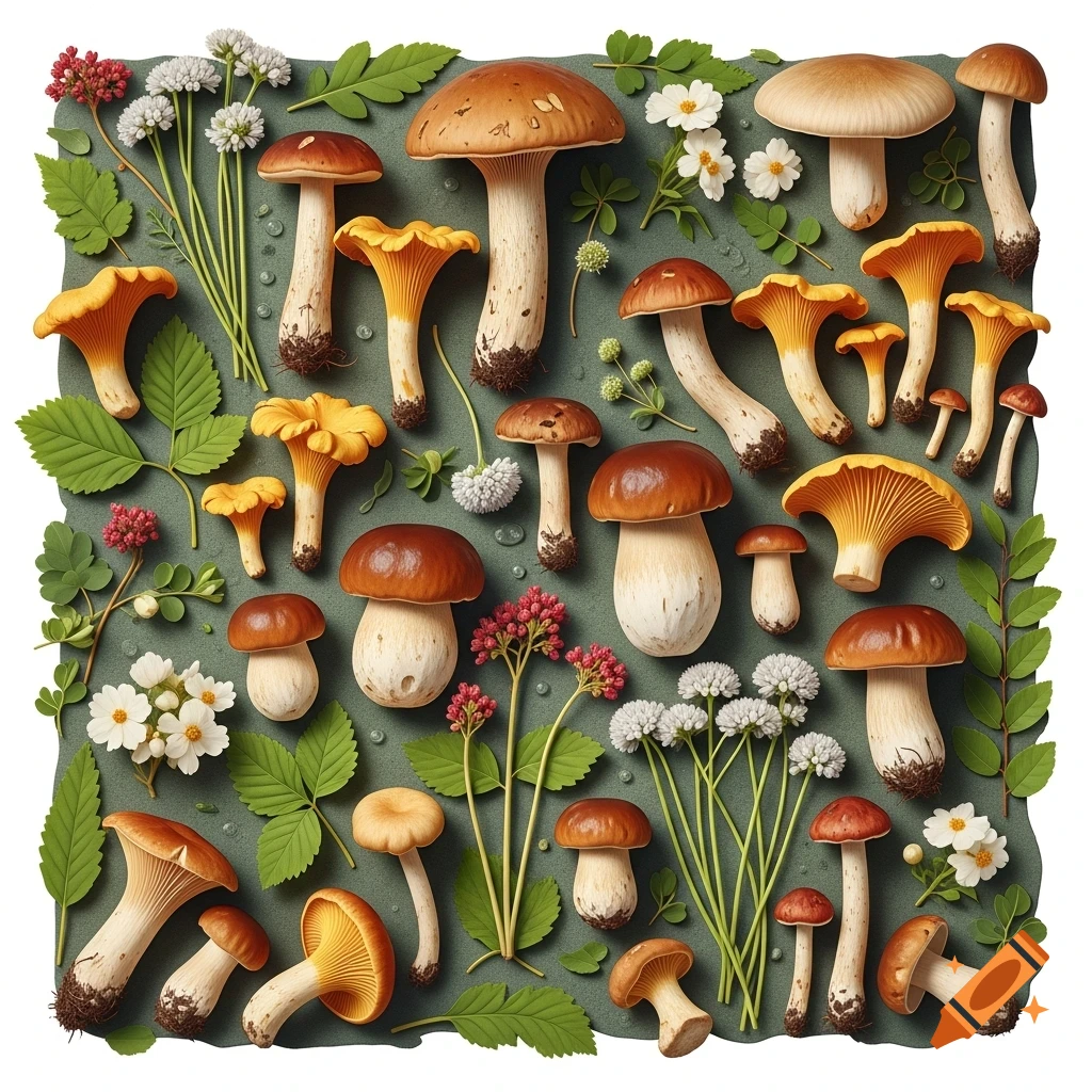 A top-down photorealistic arrangement of various edible mushrooms, green leaves, and white and red flowers on a green background.