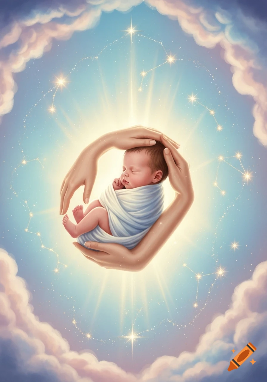 Sleeping newborn baby wrapped in a white blanket, cradled by two hands, set against a serene sky with clouds and glowing constellations.