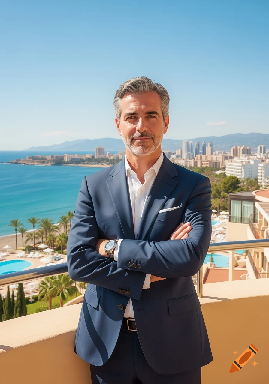 Photorealistic portrait of a middle-aged man in a navy suit, arms crossed, on a sunny balcony overlooking a coastal city and resort.
