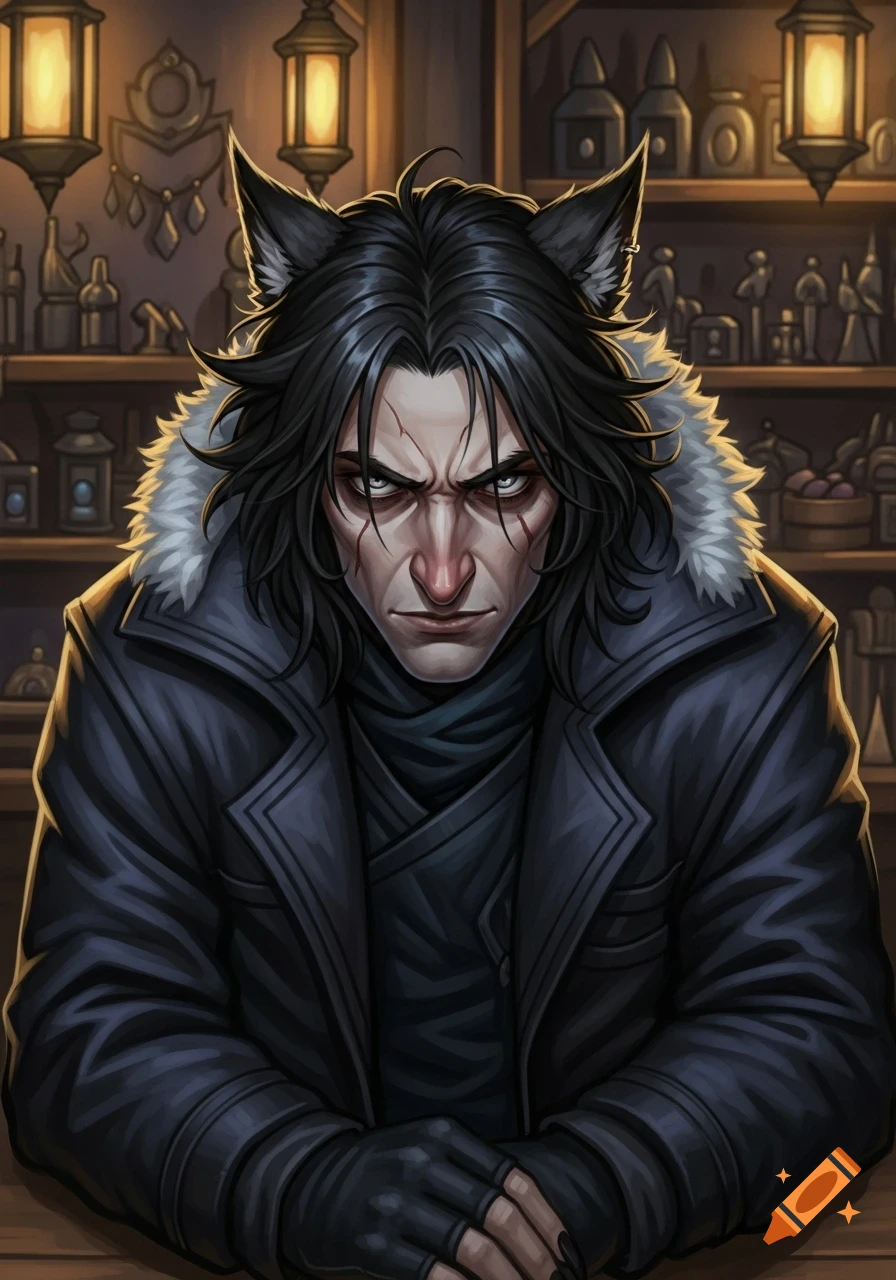 A semi-realistic digital art portrait of a scowling man with wolf ears, long black hair, scars, and a dark winter coat in a dimly lit shop.
