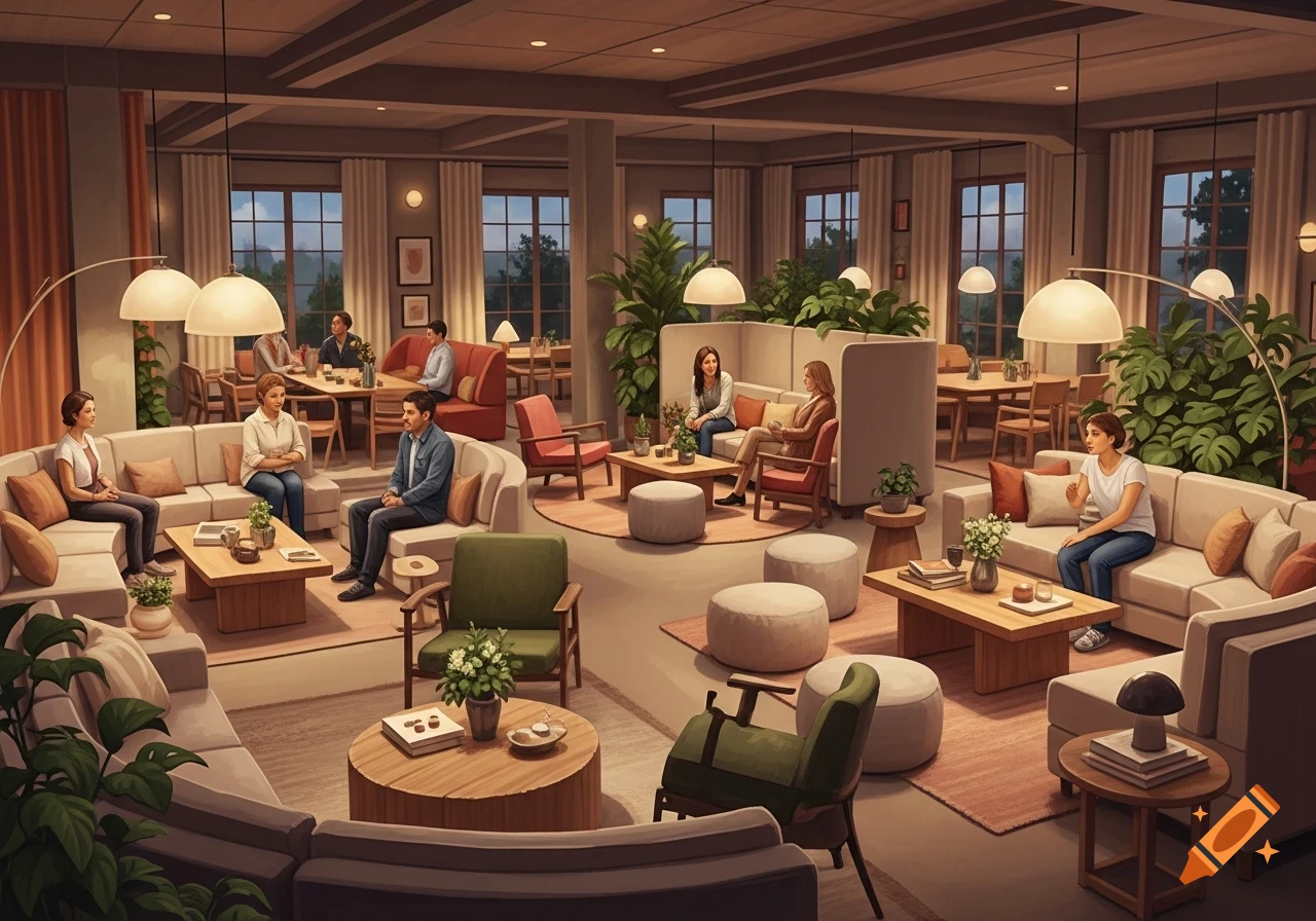 A warm, contemporary lounge interior with various seating arrangements, plants, and people socializing in different areas.