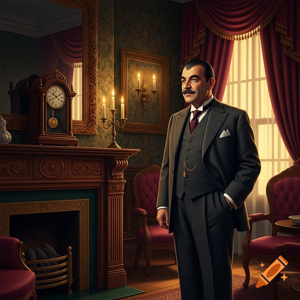 A distinguished man in a pinstripe suit, resembling Hercule Poirot, stands in an opulent, classic room with a fireplace and red curtains.