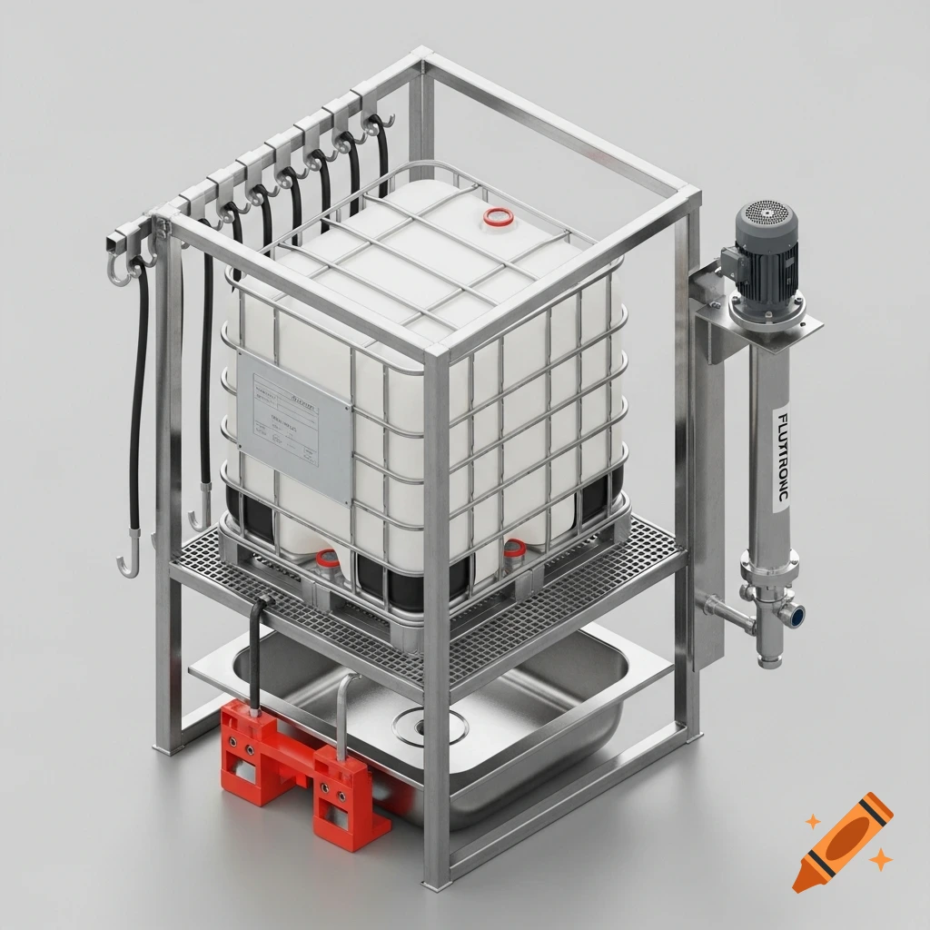 A photorealistic 3D render of an industrial setup with a white IBC container in a metal frame, a vertical pump labeled "FLUTRONIC", and a metal basin below it.