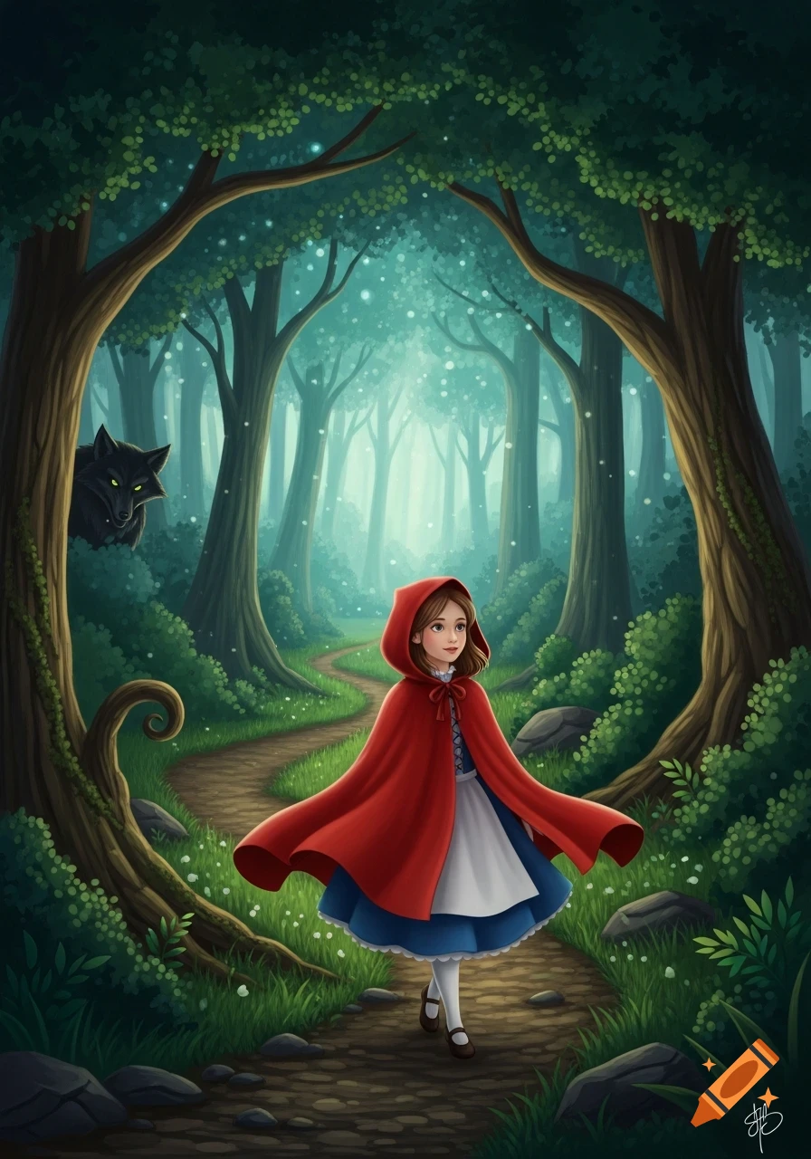 Stylized illustration of Little Red Riding Hood walking on a path in a magical forest, unaware of a wolf peeking from behind a tree.