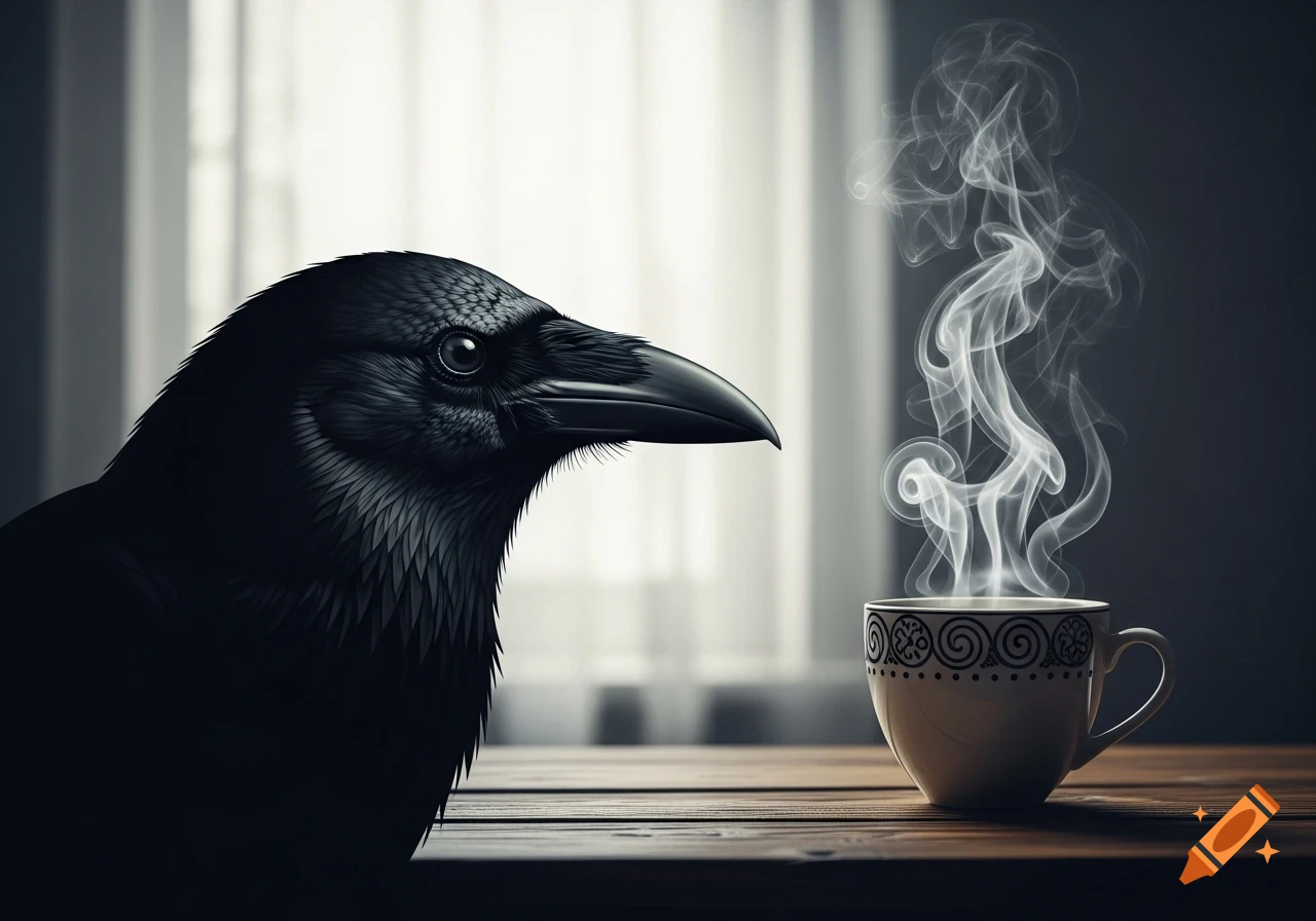 Close-up of a black crow's head next to a steaming mug with a decorative pattern, on a wooden table.