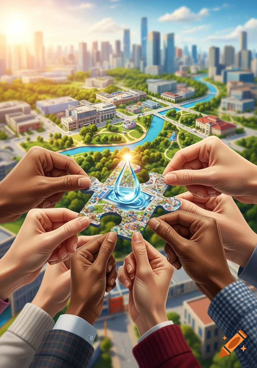 Diverse hands hold a puzzle piece with a water drop, completing a miniature cityscape.