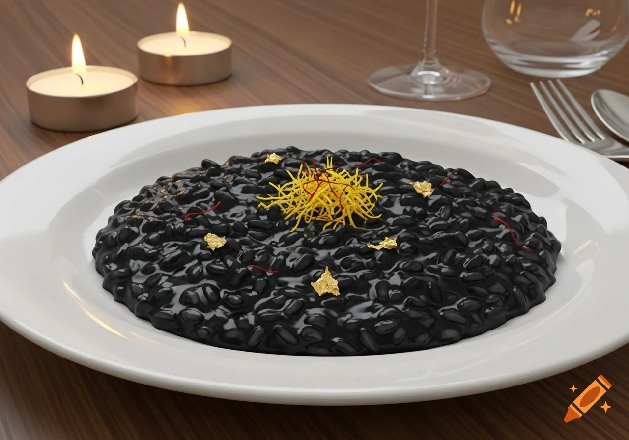 A plate of black risotto garnished with yellow strands, red threads, and gold flakes, beside lit candles and a wine glass.