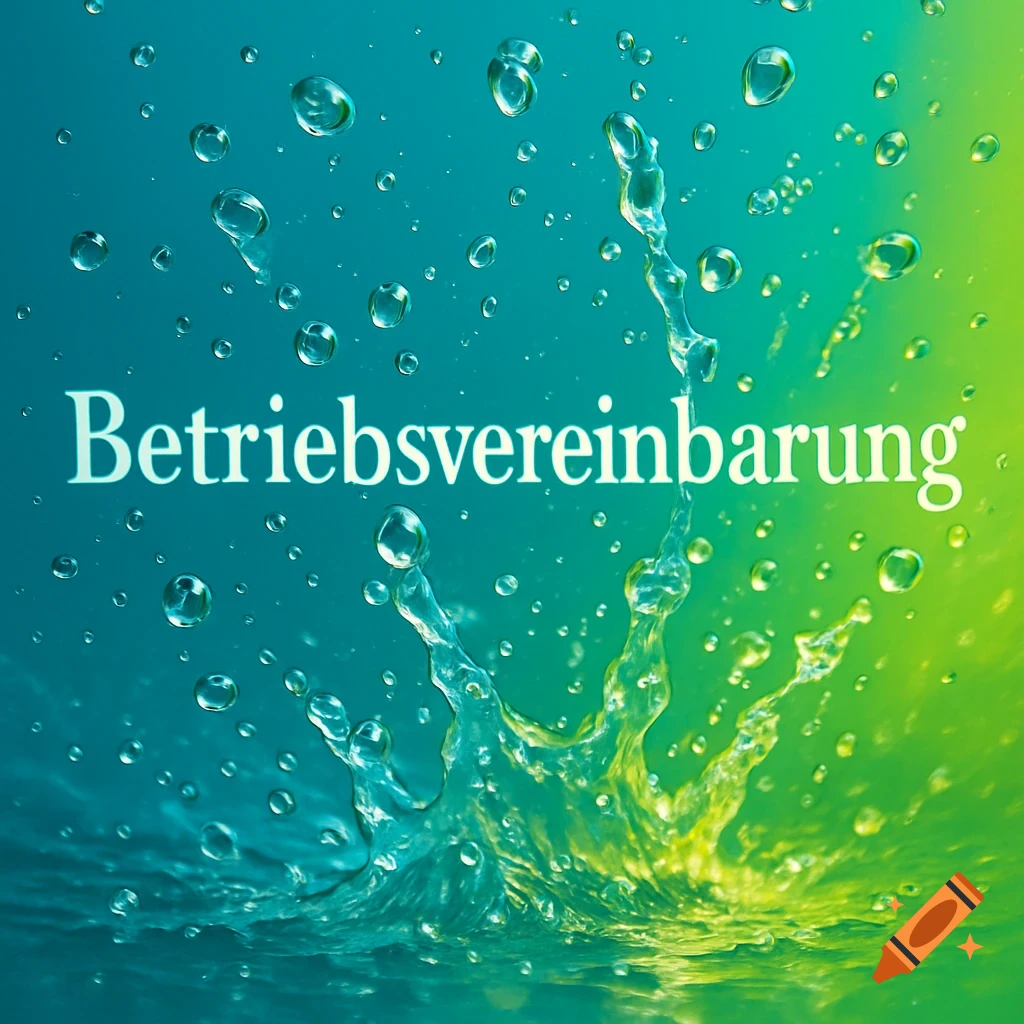 The word "Betriebsvereinbarung" in white font over a vibrant green and blue background with water drops and a splash.