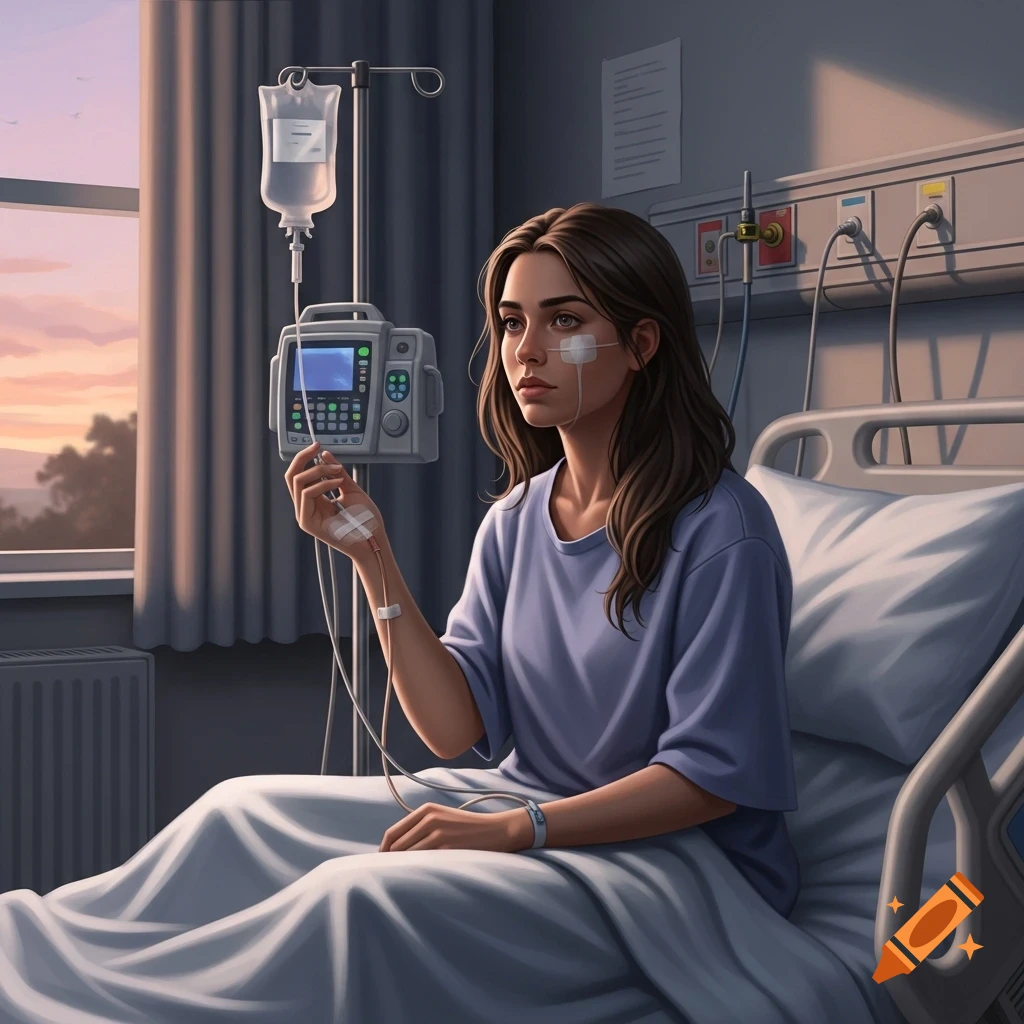 A young woman in a hospital gown sits on a bed, an IV drip connected to her arm, looking out a window at sunset. Illustrated.
