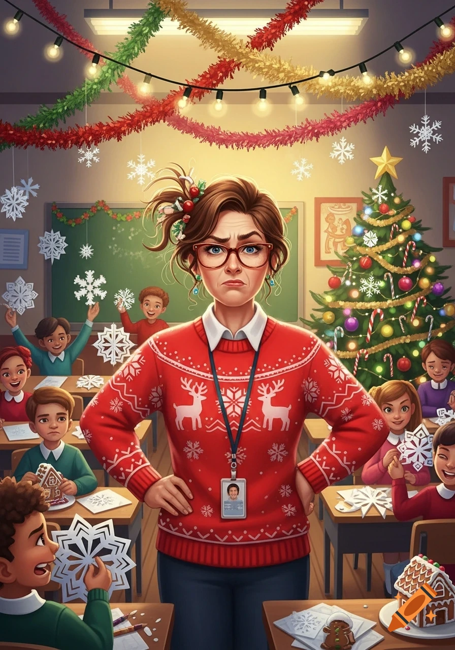 A fed-up teacher in a red reindeer sweater stands in a Christmas-decorated classroom filled with smiling children doing crafts.