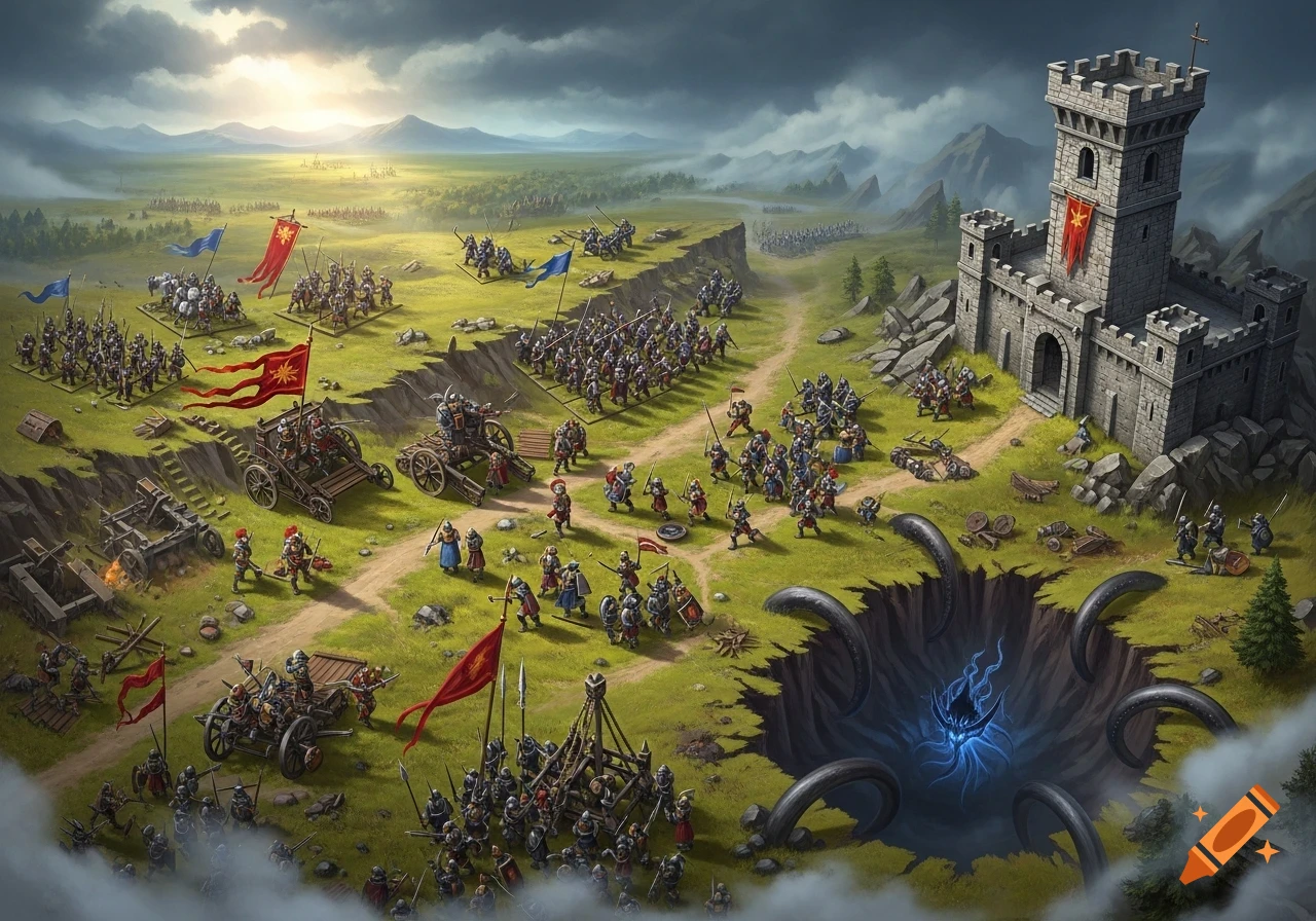 Top-down view of a fantasy battlefield with armies clashing near a medieval castle, and a glowing monster emerging from a dark pit.
