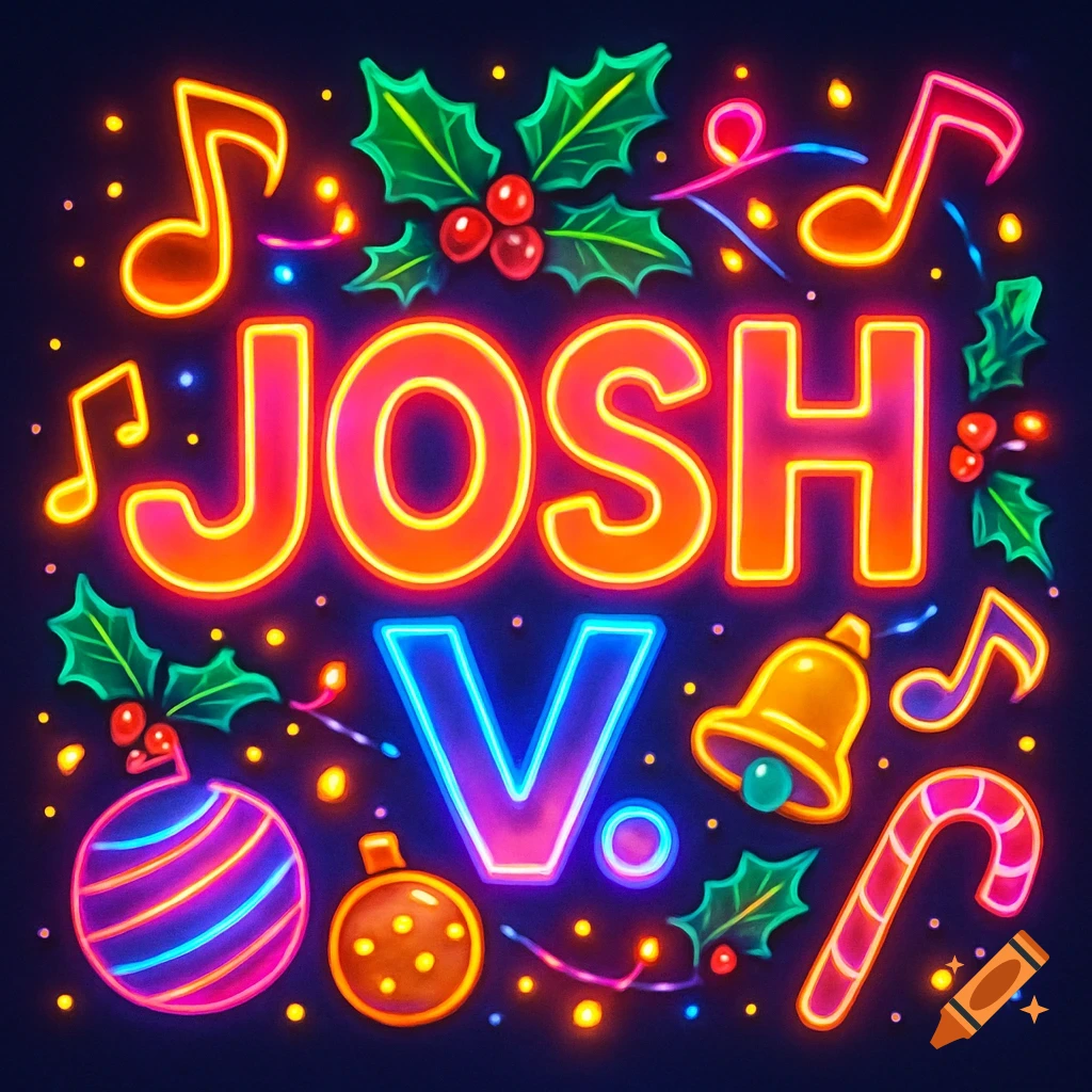 Vibrant neon sign displaying 'JOSH V' surrounded by Christmas ornaments, holly, musical notes, and a candy cane on a dark background.