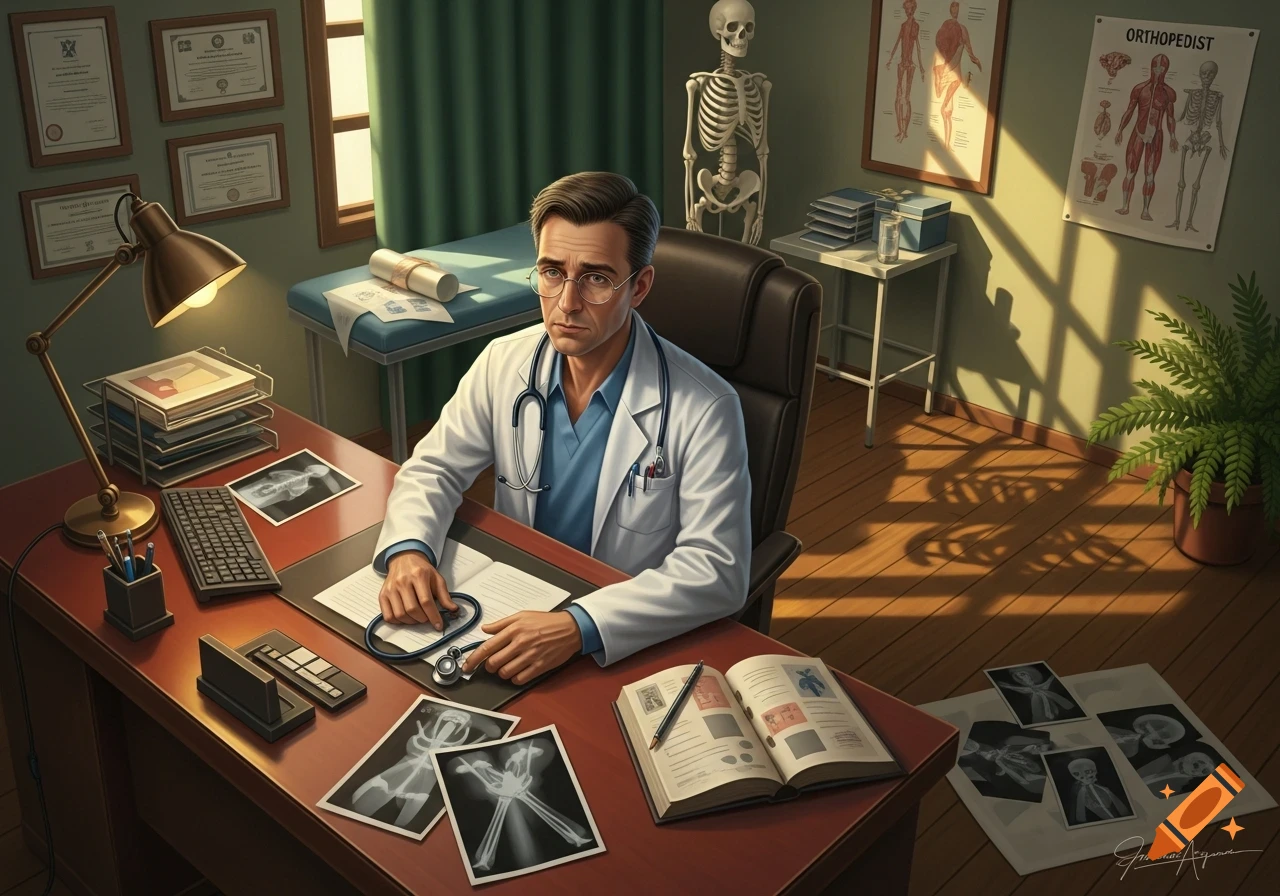 A tired male orthopedist with glasses sits at a cluttered desk in his sunlit office, surrounded by medical items.