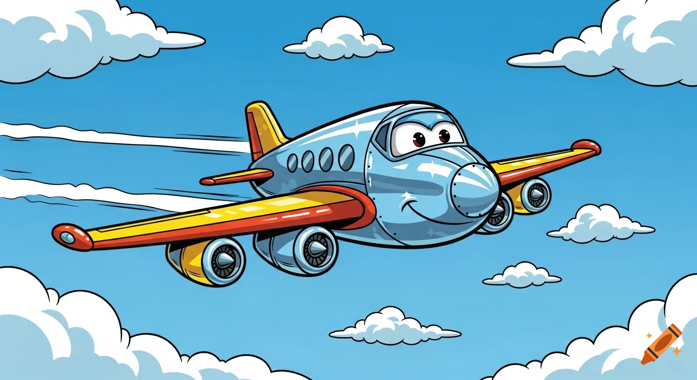 A cheerful cartoon airplane with red and yellow wings flying horizontally through a blue sky with white clouds.