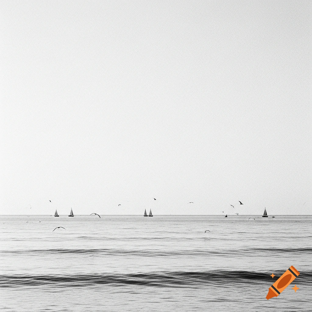 Minimalist black and white photo of a calm ocean horizon with distant sailboats and small bird silhouettes, with a grainy film look.