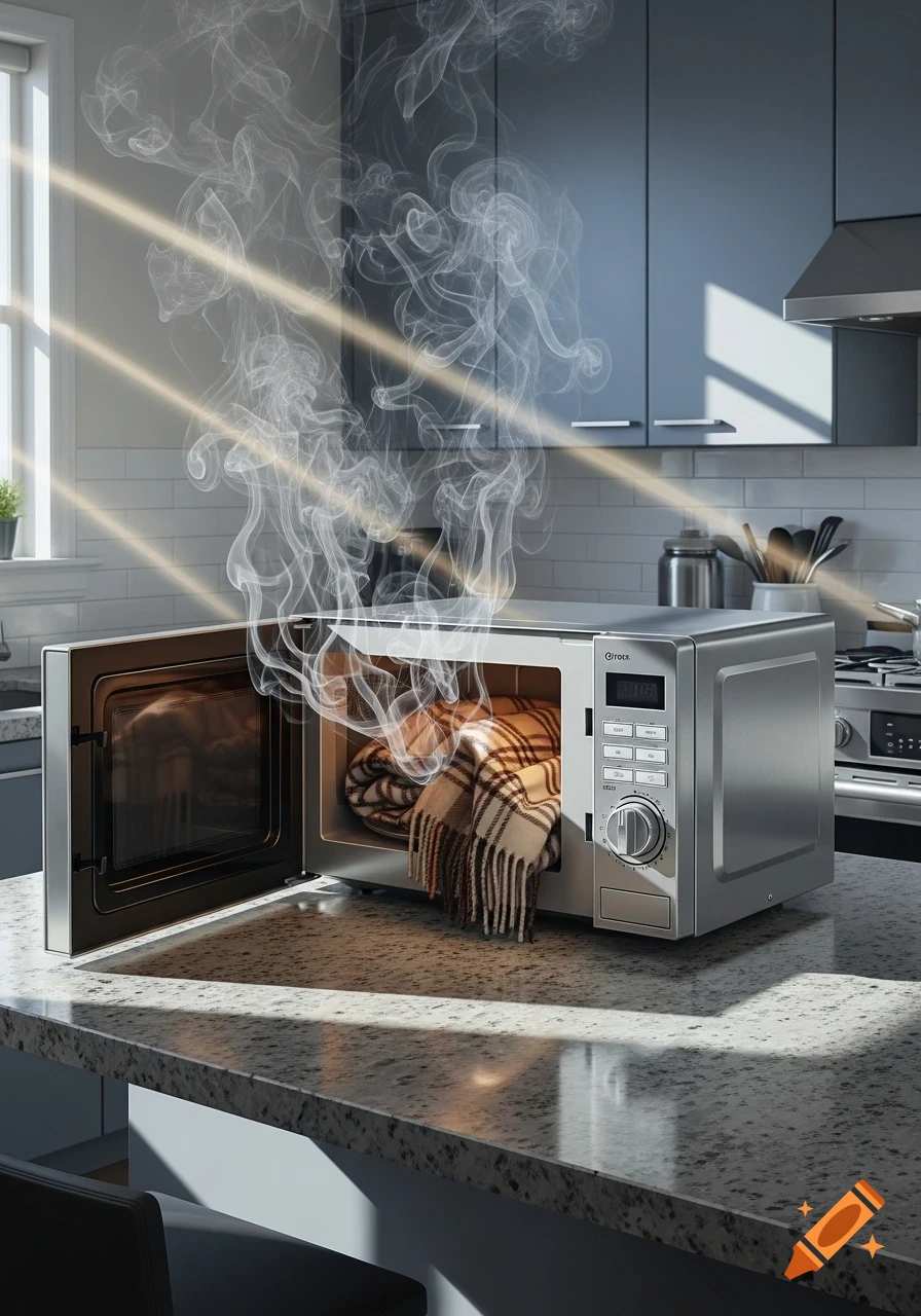 A plaid blanket smokes inside an open microwave on a kitchen counter, with wisps of smoke rising through sunbeams.