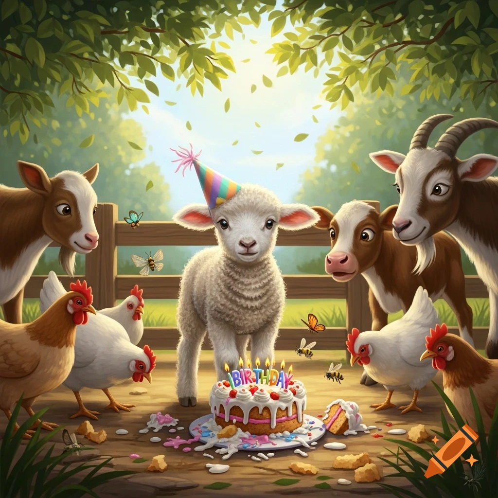 A cute lamb in a party hat stands in front of a birthday cake with other farm animals like goats, a calf, and chickens in a sunny farm setting.