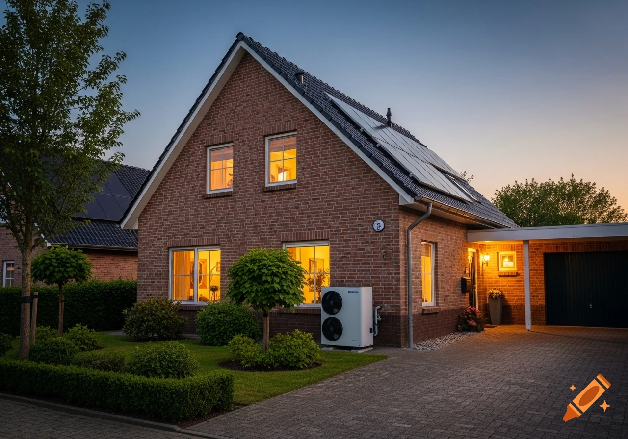 A cozy brick house at dusk, with warm light glowing from the windows. Solar panels are on the roof and a modern heat pump is on the side, surrounded by a manicured garden.