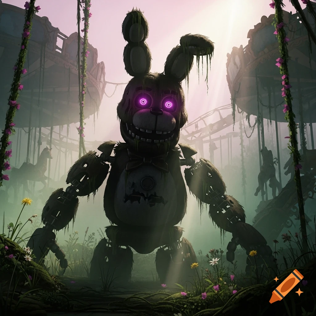 A menacing, moss-covered animatronic rabbit with glowing purple eyes stands in a dilapidated, overgrown amusement park.