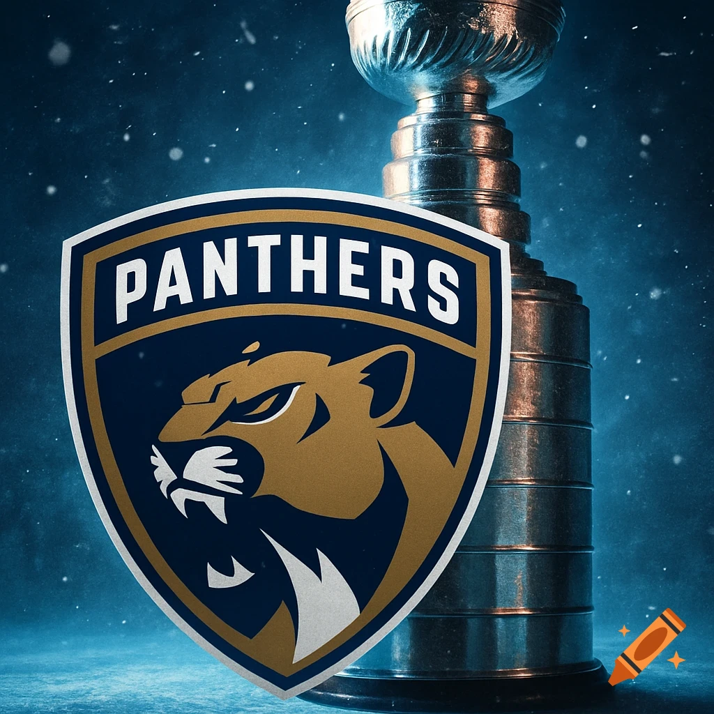 The Florida Panthers logo, a roaring panther head inside a shield, in front of the Stanley Cup, with a snowy blue background.