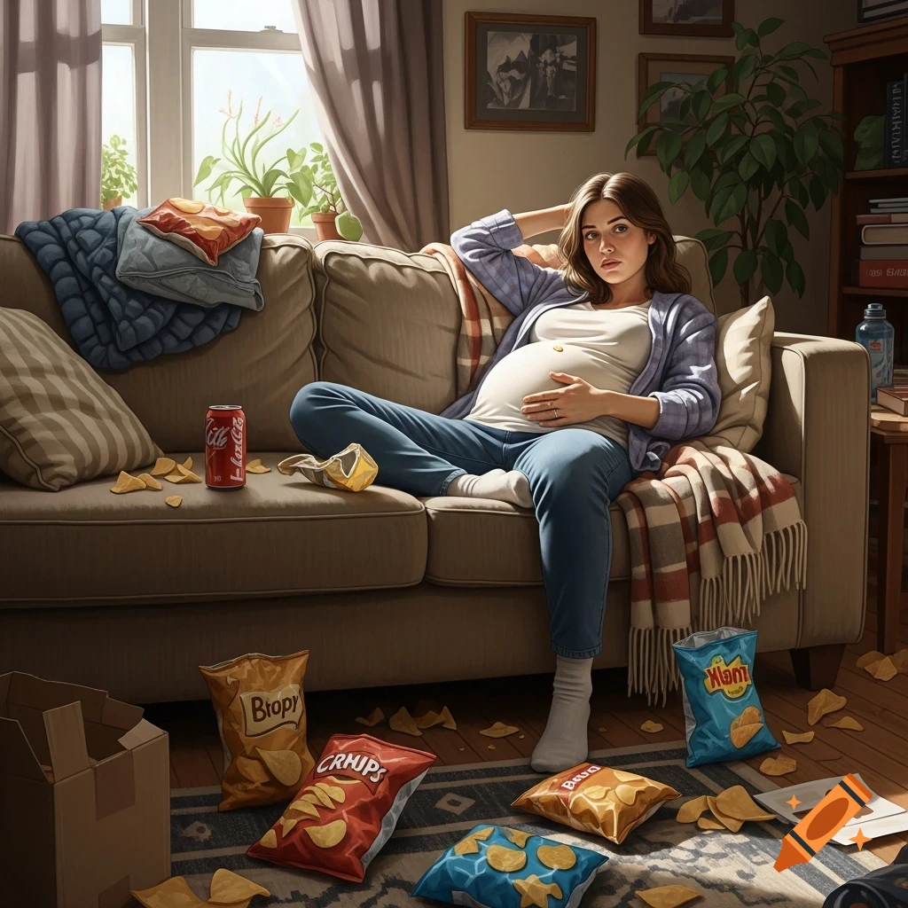 A photorealistic pregnant woman relaxes on a messy living room couch, surrounded by spilled chips and snack bags.