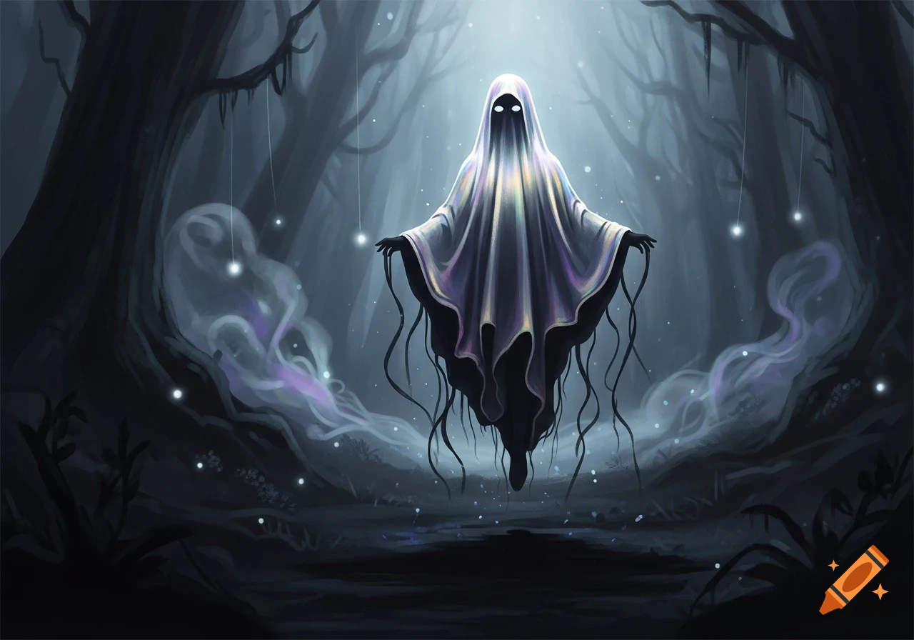 A spectral ghost with glowing eyes floats in a dark, misty forest with glowing orbs, in a fantasy art style.