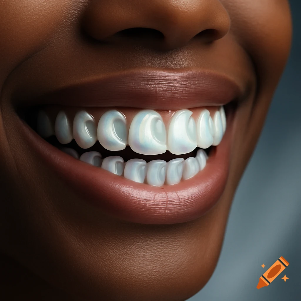 Close-up of a person smiling, revealing teeth carved into crescent moon shapes, with a pearlescent sheen, in a professional advertisement style.