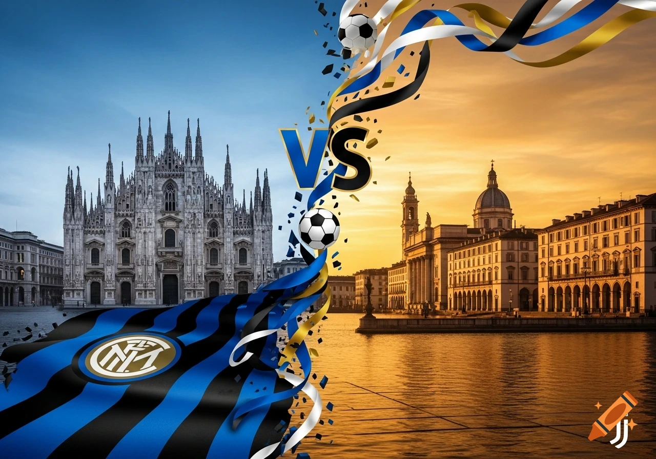 Photorealistic image of Italy divided, showing Milan Cathedral and an Inter Milan flag on the left, and Turin buildings with a Juventus logo on the right, separated by 'VS' text and soccer balls.