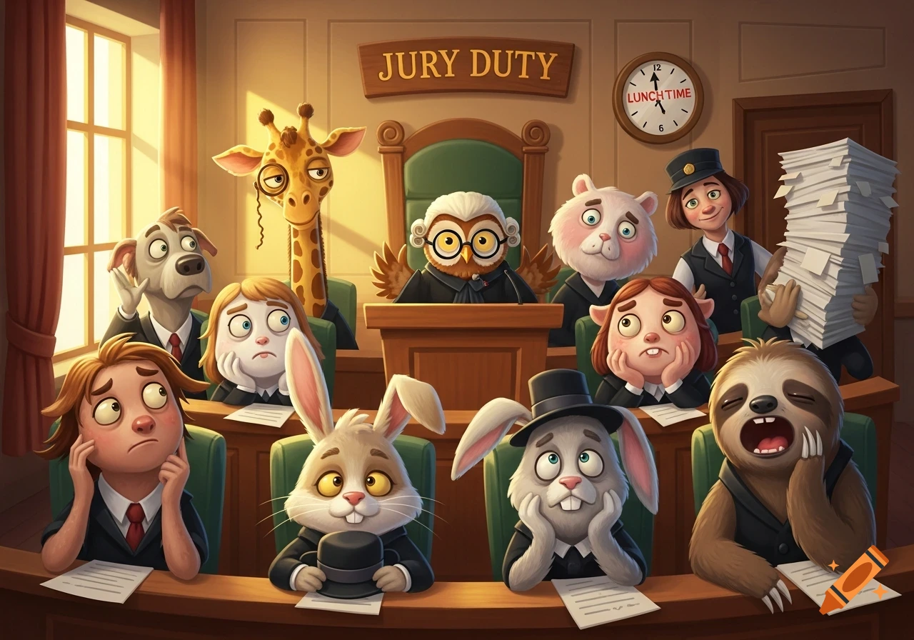 A whimsical cartoon shows a jury of various animals and people, including a dog, giraffe, owl judge, and rabbits, looking bored or confused in a courtroom.